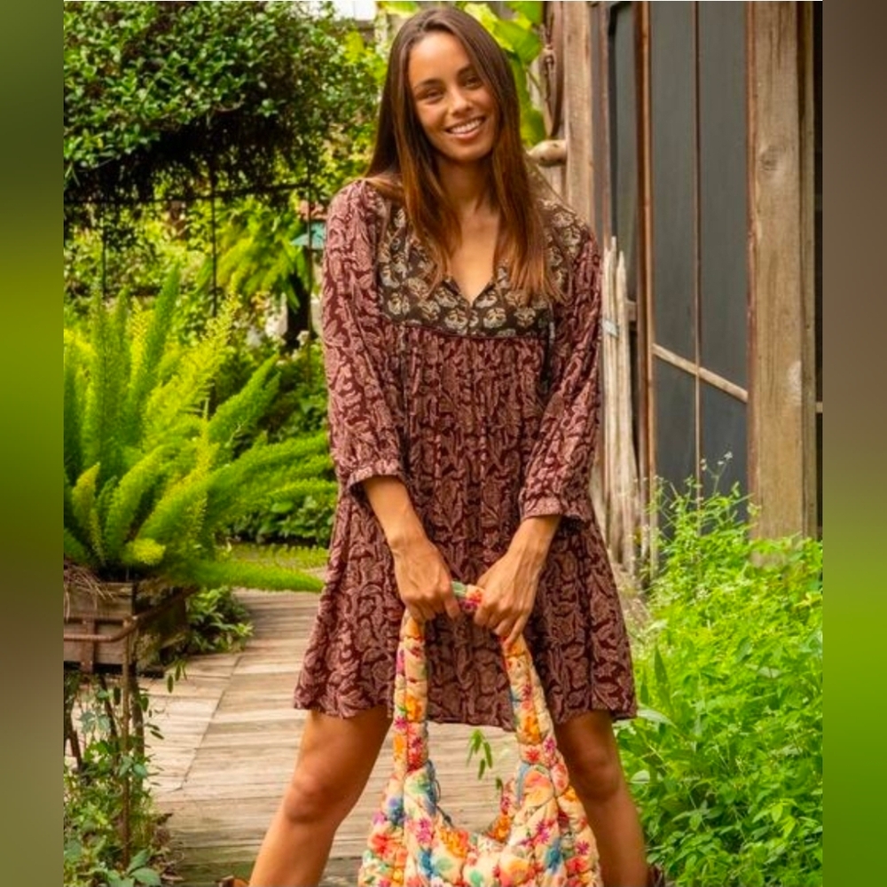 NATURAL LIFE Stella Mini Dress Maroon Floral Vines Purple Wine Sz Small - Picture 2 of 14